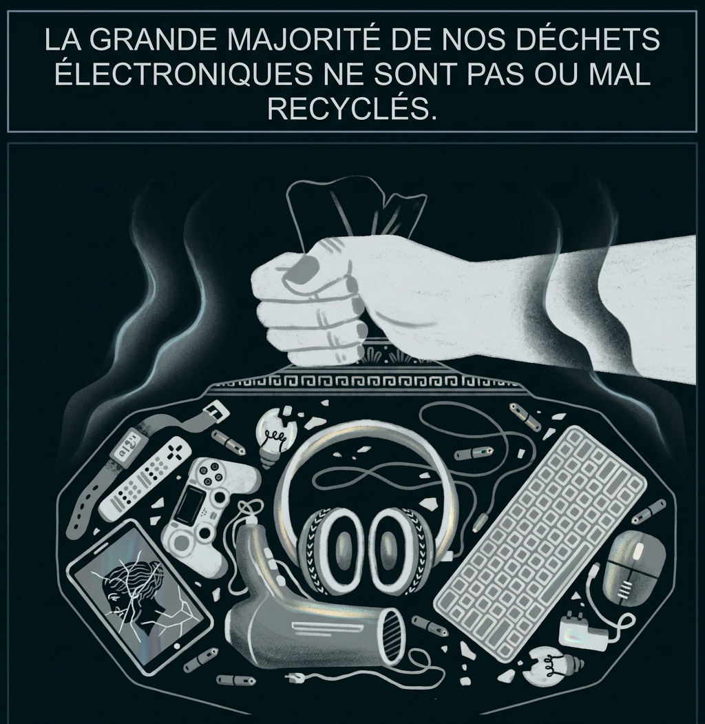 Illustration zu Elektroschrott und Recycling: Eine Hand hält eine Pflanze über einem Haufen ausrangierter Elektronikgeräte.